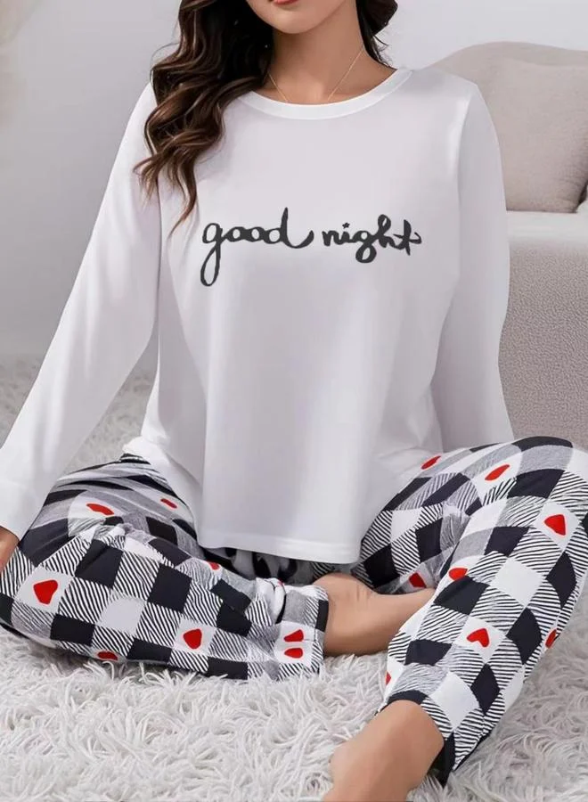 Take Two white Slogan Printed Long Sleeve Top and Checked Pyjama Set for Women | Best Price UAE